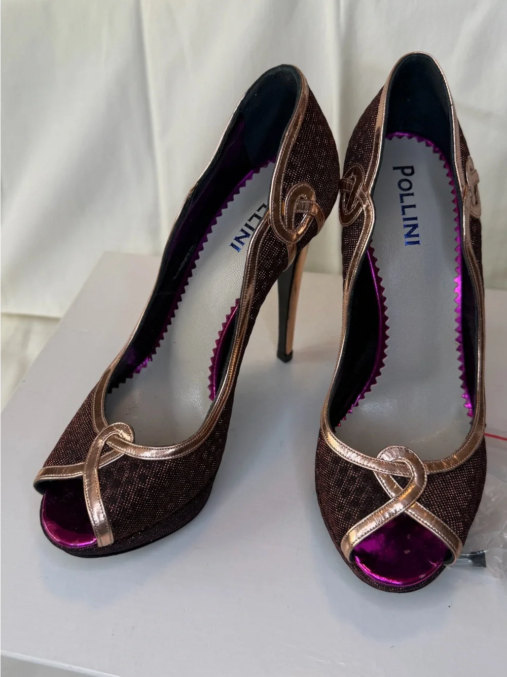 Pollini Brown Pumps with Rose Gold Trim and Purple Insole